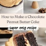 Peanut butter frosting being spread on a cake, a chocolate peanut butter cake on cake stand, and a slice of cake on a plate.