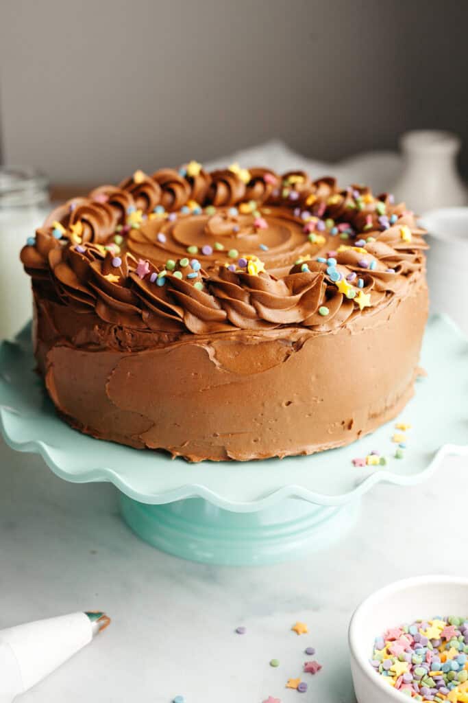 A chocolate frosted cake on a turquoise cake stand.