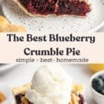 A slice of blueberry crumb pie with a large scoop of vanilla ice cream.