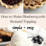 Unbaked blueberry pie and a slice of blueberry crumb pie with a large scoop of vanilla ice cream.