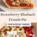 A slice of strawberry rhubarb pie with vanilla ice cream, and chopped strawberries and rhubarb with sugar in a saucepan.