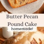 A slice of pecan pound cake with a caramel glaze on a small plate, and the loaf cake covered in the glaze on parchment paper.