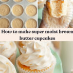 Unbaked cupcakes in a cupcake pan, a hand holding a brown butter cupcake with a bite taken out of it, and a brown butter cupcake on a teal cake stand.
