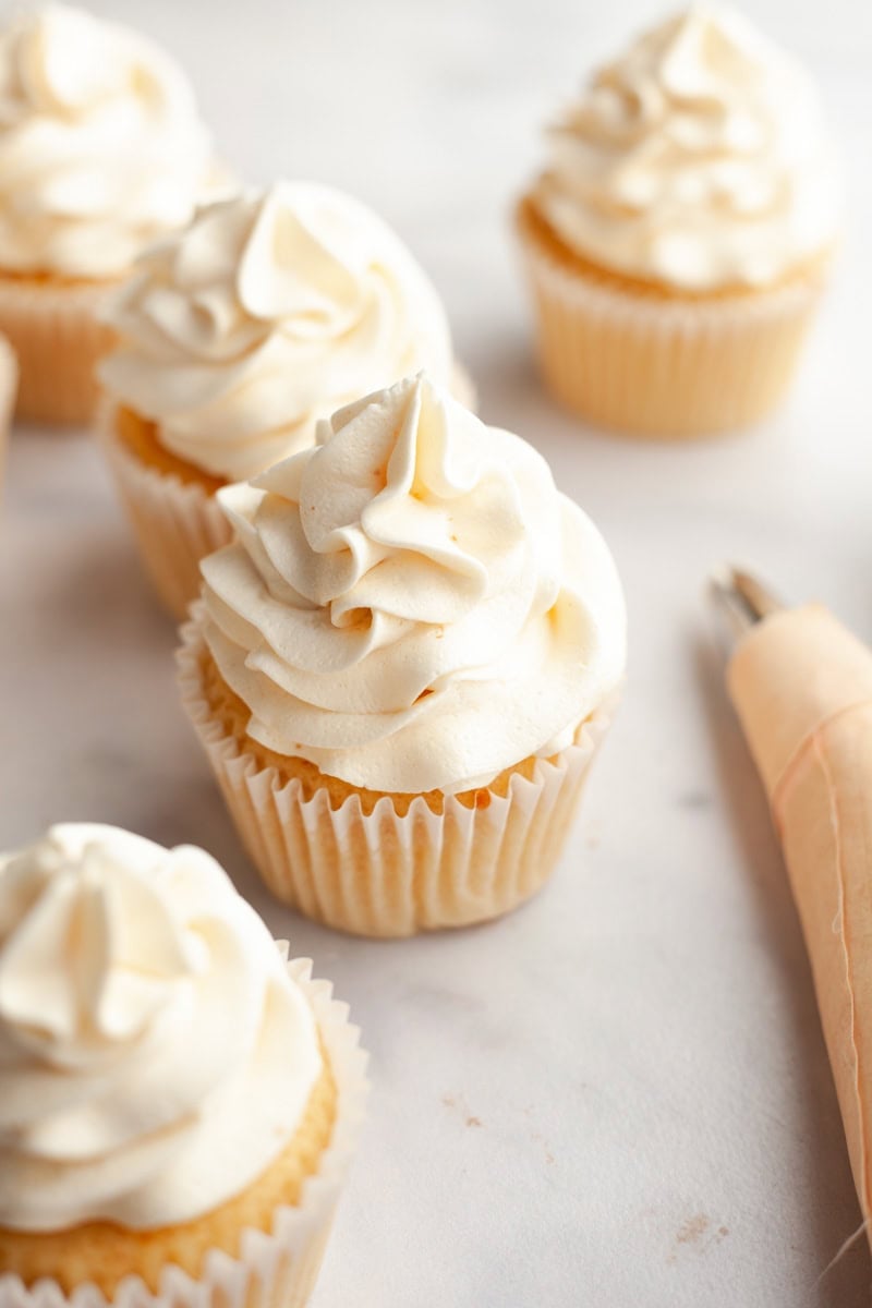 Vanilla cupcakes frosted with browned butter buttercream.