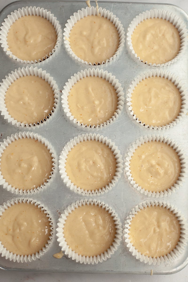 Unbaked brown butter cupcakes in a cupcake pan.