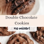 A hand holding four dark chocolate cookies, and a close up of chocolate cookies on parchment paper.