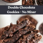 A bowl with chocolate cookie dough, a hand holding four dark chocolate cookies, and a close up of chocolate cookies on parchment paper.