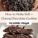 Double chocolate cookie dough in a bowl and a stack of five chocolate cookies.