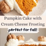 A slice of pumpkin cake with cream cheese frosting on a small plate.
